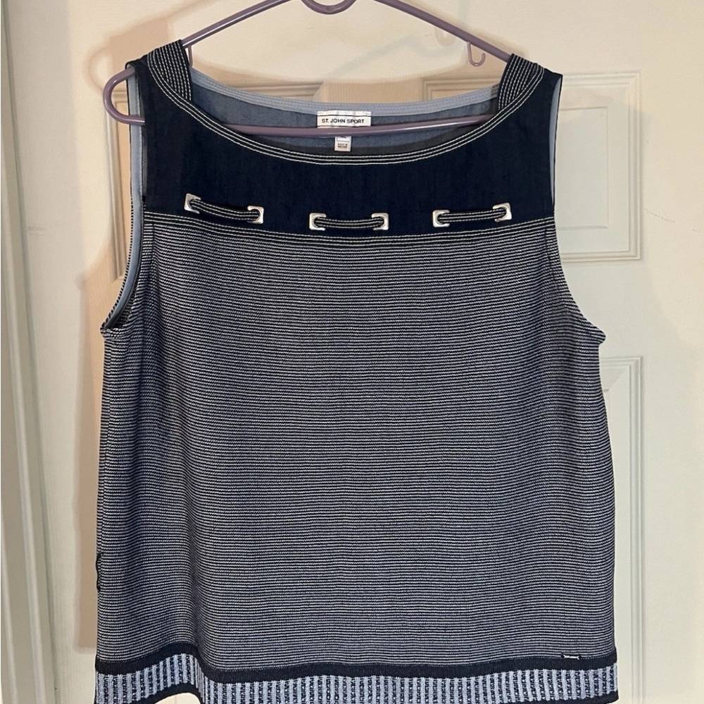 Women's XL St. John Sport Navy Blue Stripe Denim Loops Tank Top Unique